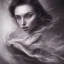 Placeholder: Extremely detailed portrait of woman fading into a flow of clouds and curvy shapes and curvey lines, black and white with red and purple accents digital painting.