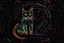 Placeholder: black background, outlines of a holographic question mark and contented cat drawn from thin neon-coloured glowing lines