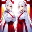 Placeholder: Clear focus, 8k, beautiful lighting, vibrant colors, girl, white hair, long hair, vibrant red eyes, miko, ponytail, twins, white hair, red eyes, same clothes,