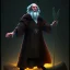 Placeholder: Old human wizard in dark robes standing in a dark cave