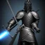 Placeholder: large black stone statue of a knight in a dark dungeon, holding a sword that's glowing blue