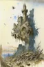 Placeholder: Destroyed City, medieval ruins, debris, stone, breched, brocken, Perspektiv from the sky, by Jean-Baptiste Monge, Ivan Bilibin, Albert Bierstadt, Reza Badrossama ink, pencil sketch, splash art, intricate details, fantasy, beautiful, oil on canvas, award winning, imperial colours, fantastic view, radient colours, very attractive, crisp quality