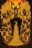 Placeholder: "Draw for me a group of demons suffering inside a pit in hell, as if they are raising their heads and hands upwards, calling for help, while surrounded by flames. Let the image be terrifying and of extremely high quality."