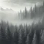 Placeholder: Realistic charcoal drawing of sharp mountains fog and forest