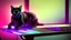 Placeholder: Cute black cat sitting on a gaming chair, in front of a gaming PC table, in a dark room with purple lights and gaming posters, atmospheric, gorgeous, realistic