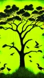 Placeholder: Jungle birds flying around big tall tree, painting, yellow and black