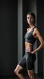 Placeholder: photography of a beautiful anorexic woman, anthracite satin triathlon top, sports illustrated, brunette short wavy bob haircut, pronounced sternum, flat chest, anthracite short leggins