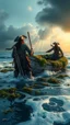 Placeholder: Two pirates pushing to the ocean An abandoned boat covered with see weeds
