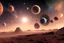 Placeholder: paesaggio marziano con pianerti, asteroidi, comete, aurora boreale. astronavi,satelliti