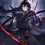 Placeholder: Clear focus, High resolution, rough line sketch art, long black hair, hair between eyes, fluffy hair, purple eyes, wearing a black and red sailor uniform, dark aura, mad, holding katana, bloody mess