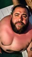 Placeholder: top view photography of a muscular chubby burly bearded marocan fisherman relaxing sunbathing sitted in a small fischer wooden boat , bulge, tattoo, ugly, 49 years old, short beard, bullneck, emotive eyes, photorealistic, 35mm lens, Canon EOS, 8k