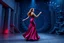 Placeholder: modern stage with gray-blue theme artistic decoration , color full dynamic lighting, a beautiful lady in modern maxy dark purple red dress with shining silver jwells dancing, 3D recursive fractal structure animating background