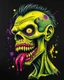 Placeholder: Airbrushed caricature of a grotesque horror blood and guts teeth horrific zombie, neon green and yellow with purple paint splatters on black background