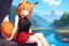 Placeholder: Girl, fox ears, one big fox tail, orange hair, red skirt, river, fox foot , sit on the shore, purple fox eyes, black T-shirt