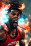 Placeholder: 8k, highly realistic and detailed image of a NBA basketball player in action dunking the ball in the net, sweaty hair, screaming look,action and smoke and flames background