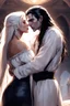 Placeholder: Strahd Von Zarovich being kissed by a beautiful woman with white hair, wearing an off the shoulder dress. Settling and background are a lavish toomb with an ebony coffin.