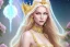 Placeholder: beautiful, very soft, smiling, very straight and long blonde hair, dewy and shiny vibe, diamond crown, long fairy wings in the back, full head, golden veil clothes, smiling, bachground light pink and blue