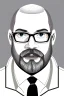 Placeholder: black and white,real estate agent,bald male with grey beard,55 years old,metal frame glasses,, necktie,portly,detailed drawing,white background