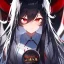 Placeholder: Clear focus,High resolution, black long fluffy hair, long fluffy bangs, red eyes, wearing a lab outfit, extreme close up, evil smile, front hair cover eyes