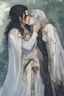 Placeholder: A couple from the dnd game curse of Strahd kissing. She has white hair he has long black hair. Romantic, sweet, loving, possessive, protective, kiss