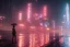 Placeholder: 3D, beautiful, light reflecting, empty future city skyline at night, rainy night, neon, cyberpunk, tron, one cyborg walking, 8k, finely detailed, photo realistic