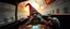 Placeholder: weird perspective worried human race car going sideways in ramp driver close up portrait of dj troll gnome pilot looking down on cam, with background in the style of escher and giger, a chill contrapunctus fugue in the style of fsol, beethoven, goa trance breaks, dancefloor drum and bass, burning cars, fire and explosions