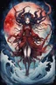 Placeholder: Demon girl wizard behind, cosmic horror, nightmare, galaxy in eyes with dread, truth, alien underwater, fullbody, watercolor illustration by <Katsushika Hokusai>, darkred tones,