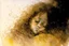 Placeholder: Small girl with long curly brown hair sleeping in god's hand (a big, clear hand) watercolor and ink, golden patina, glitters in ochre, backlit, mist and fog