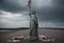 Placeholder: the statue of liberty, dress dirty and torn, her face solemn and terse, trash littered at her feet, she holds a crumpled american flag, she walks away with back turned under a dark and dreary sky, wide angle