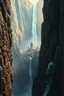 Placeholder: a waterfall falling upon a medieval city at the end of a steep, narrow, 3.000 feet tall ravine. a man climbing the mountain with rob Like Clive hanger movie laying down on a cliff holding his hand friend try to save him from falling on a cliff masterpiece, fantasy concept art, dynamic lighting, hyperdetailed, intricately detailed, deep color, Unreal Engine, volumetric lighting, Epic cinematic brilliant stunning intricate meticulously detailed dramatic atmospheric maximalist digital matte paintin