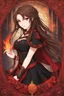 Placeholder: A confident looking young woman with pale skin and long brown hair in a fantasy setting with intricate details. She is wearing black and red, has red eyes, She is a fire mage. Anime style. High definition