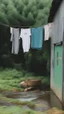 Placeholder: A wet washed clothes hanging on a rob on a farm with barely farm