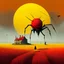 Placeholder: High concept art, dramatic unreal landscape, in a red field with an anthropomorphic yellow house made out of a Lemon skittering away on spider legs, colossal biomechanical Minotaur carrying a reaping Scythe, large moon on horizon, smoke plumes in distance, dynamic composition, oddball masterpiece, sfumato, complex contrast