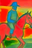 Placeholder: Man on horseback in the style of Paul Klee, Degas, pastel chalk with thin sketchy lines, vibrant colours, ink transfer