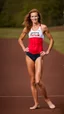 Placeholder: beautiful anorexic woman, standing, short triathlon swimsuit, medium length wavy haircut, photographed by sports illustrated, red hair