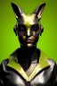 Placeholder: Medium Close Up Portrait, Front image. cyberpunk, rabbit mask, sweet woman, gold hair. Leather suit army. Yellow, black, green, color. Art deco style. Color background, photo studio. Avatar image, highly detailed, concept art, smooth, unreal engine 5, ray tracing, RTX, lumen lighting, ultra detail, volumetric lighting, 3d, finely drawn, high definition, high resolution.