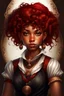 Placeholder: young mulatto sorceress, brown eyes, short wavy blood-red hair, dressed in a steampunk style