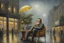 Placeholder: Kevin Sloan oil painting a dreaming young beard colored organza punk guy in the pop '80s Mall lights during rainy day oil painting art