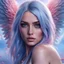 Placeholder: ana de armas angel beauty model with long blue and pink hair, PRETTY EYES, highly detailed face, BEATIFULL eyes , fire in background, 32k resolution, flowers ON THE FEET, Body with tattoo, extremely realistic , visually rich, digital art photorealistic, hyperrealistic face, wonderfull eyes, big wings white color in back body