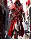 Placeholder: Assassin creed con dagas y espadas detalles en los pantalones en el pecho y en las botas caminando por Venezia capa arte digital hiperdetallado detalles intrincados obra de arte blanco rojo 8k