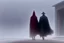 Placeholder: two people in capes seen from behind walking side by side in an empty foggy plain by artist "Leonora Carrington"