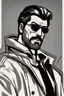 Placeholder: a young man with big muscles who looks like hans gruber wearing a heavy coat and red sunglasses staring with an irritated look on his face