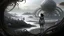 Placeholder: Detailed matte painting of a wide-angle shot of a woman, standing on the right side of an alien beach, with dark hair in a silver robotic catsuit, many large floating creatures with shells and long tentacles, alien jungle trees in the distance