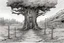 Placeholder: one tree,, post-apocalypse, front view, foot path, , comic book, cartoon