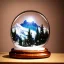 Placeholder: a 16k hyperrealistic snow globe sitting on an oak wooden desk, inside the snow globe there are snowy mountains to the back left and snowy pine trees surround a reindeer with large antlers while snow falls inside