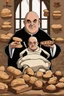 Placeholder: Uncle Fester Addams in front of Some Breads and Other Things Arranged on a Brown Background