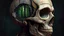 Placeholder: Skin bones stone face, dystopian environment, a forest can be seen through a hole in the side of the head, cracks and peeling in the face, a brain from another time, a divided mind, a portal to the distant future. Deep contrasting colors. Surrealism and abstraction by Angel Planells