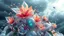 Placeholder: Dynamic complex hypnotic of 3D structures Symmetry twisting and morphing between cifi plants , cifi flowers and metal geometric 3d structures , smooth translucent iridescent glass with inner glow and bubbles, varied transparent materials, stormy skies, intense dramatic