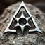 Placeholder: The letter "A", made of sharp blade metal, stylized font, fixed on top of a rock, close up photo, lustrous, shiny, ninja star