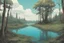 Placeholder: Lake, forest, tree, overgrown apocalyptic, comic book, cinematic, far,
